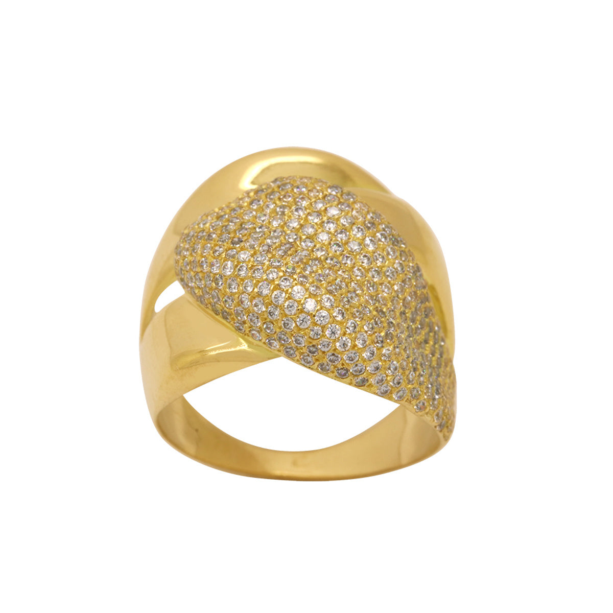Anel Aro Largo Entrelaçado Liso e Cravejado Zircônias em Ouro 18K