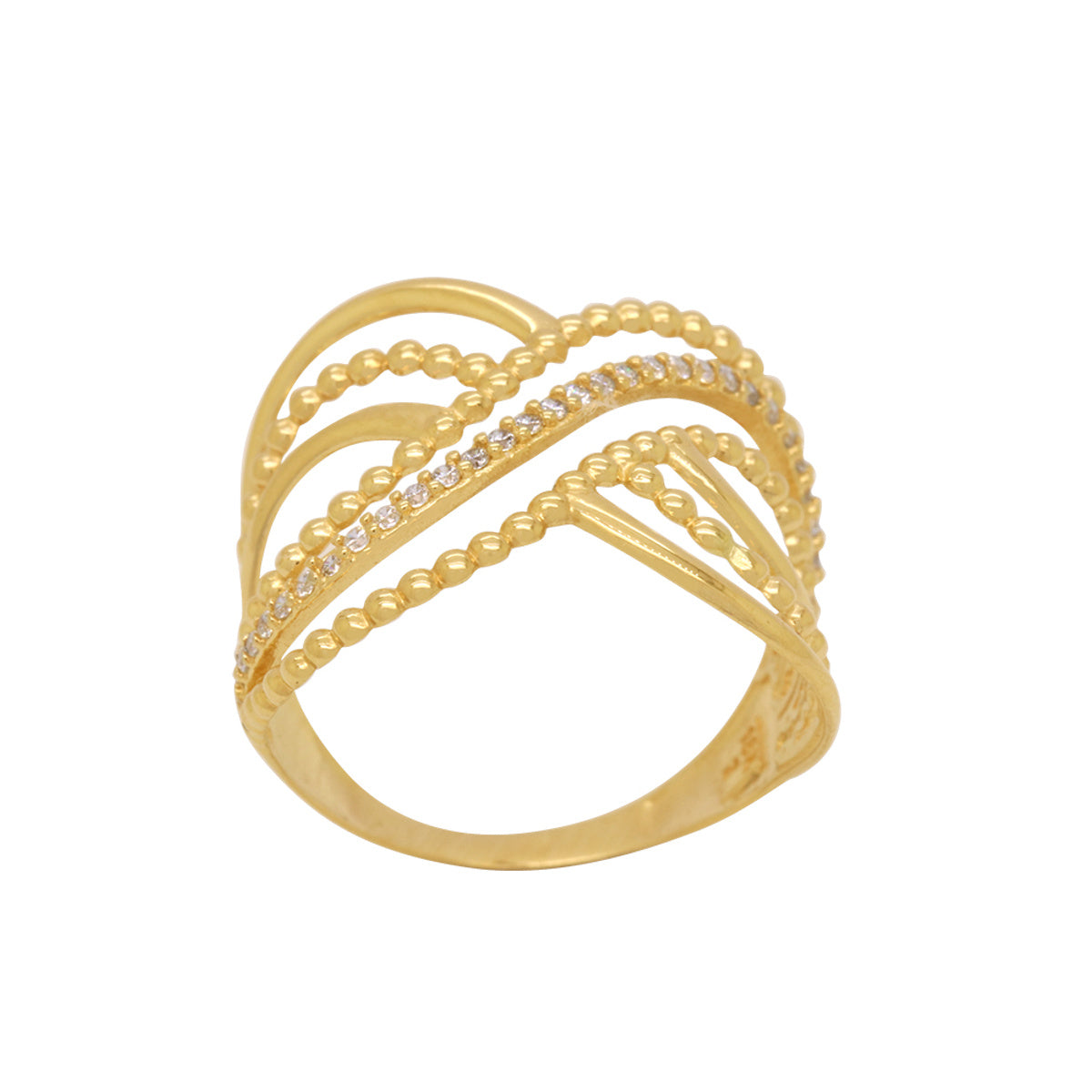 Anel Aro Largo Fios Pipoca Lisos e Cravejados Zircônias em Ouro 18K