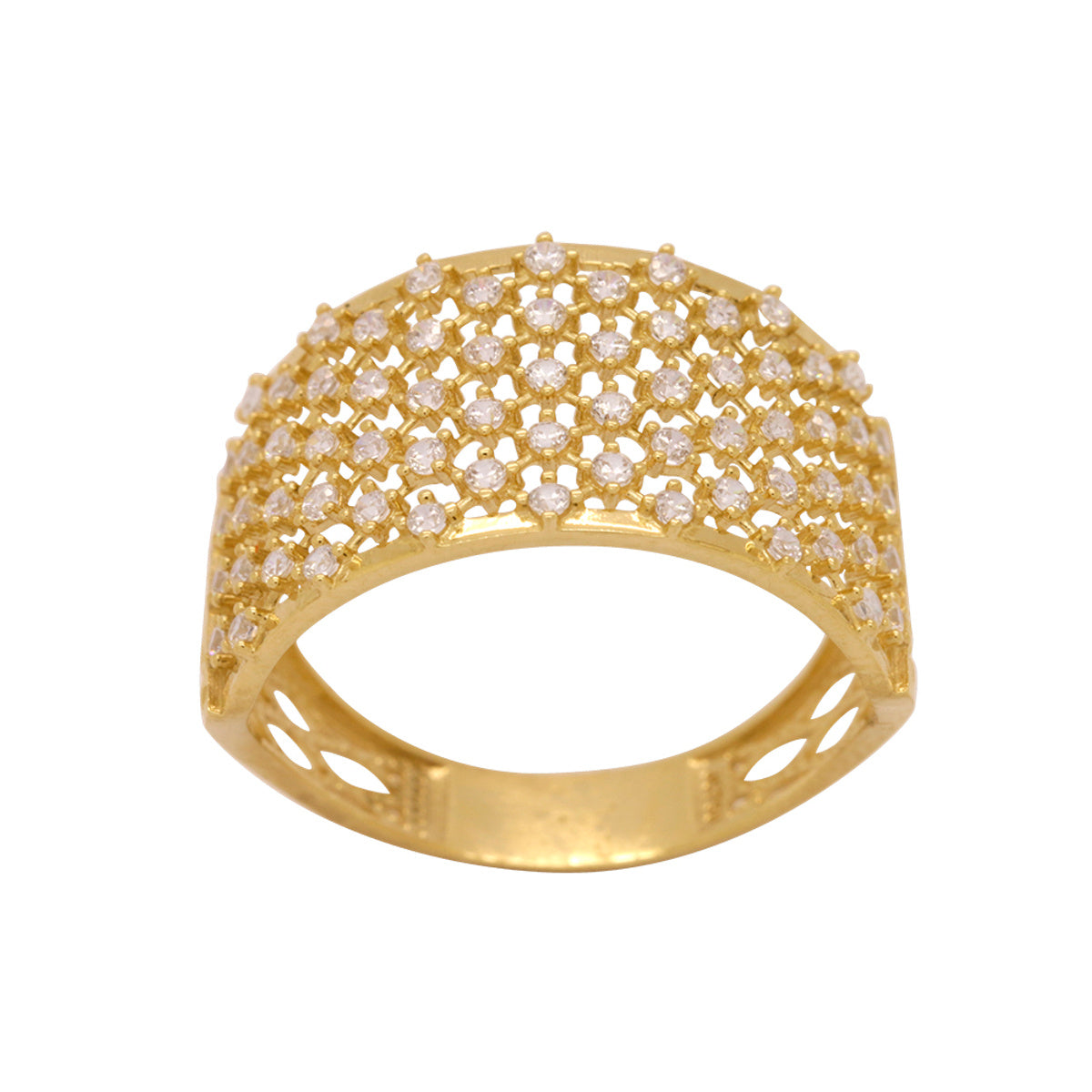 Anel Aro Largo Tela Cravejada Zircônias Laterais Cortes Diamantados em Ouro 18K