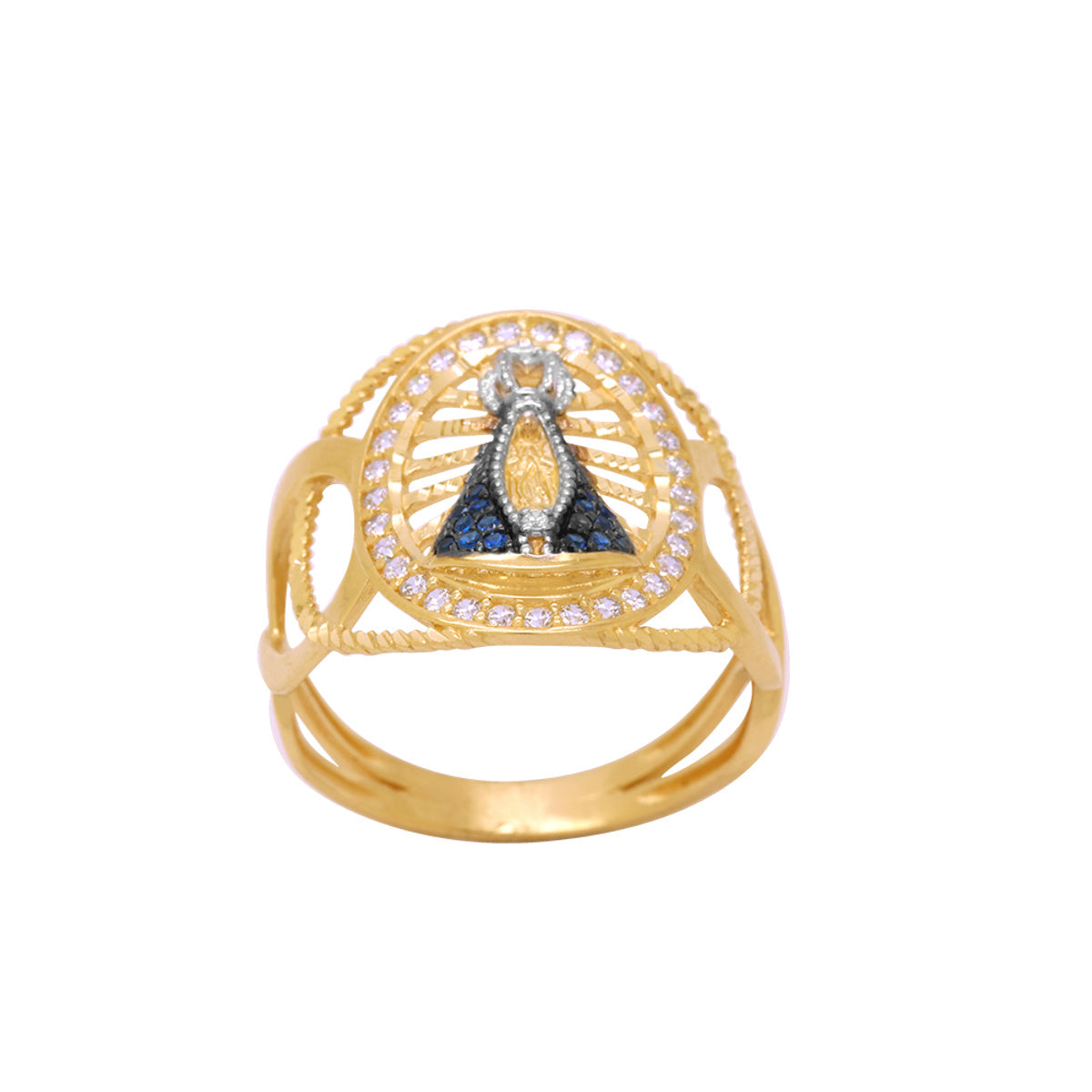 Anel Aro Trabalhado N. Sra. Aparecida Zircônias Azuis em Ouro 18K