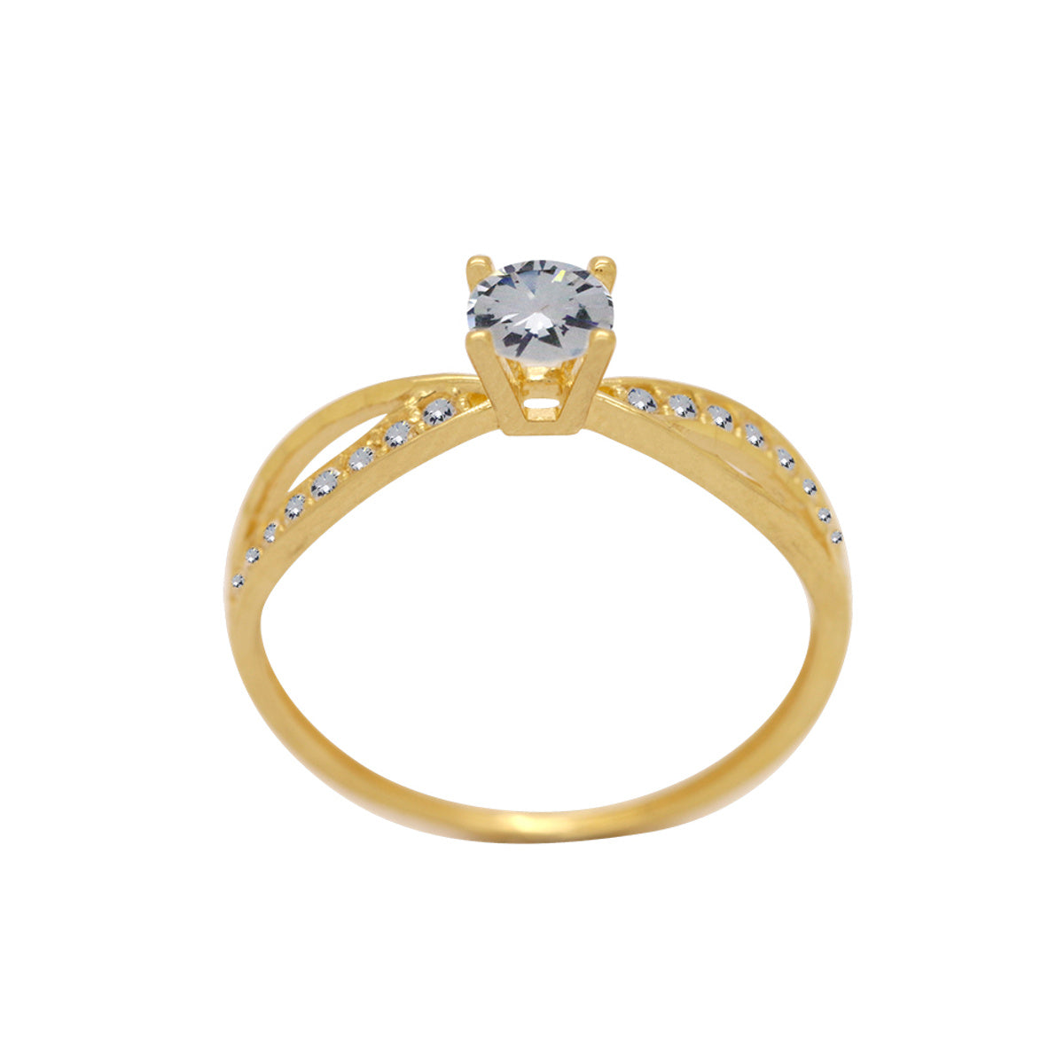 Anel Aro Transpassado Solitário Zircônia 4 mm Laterais Cravejadas em Ouro 18K