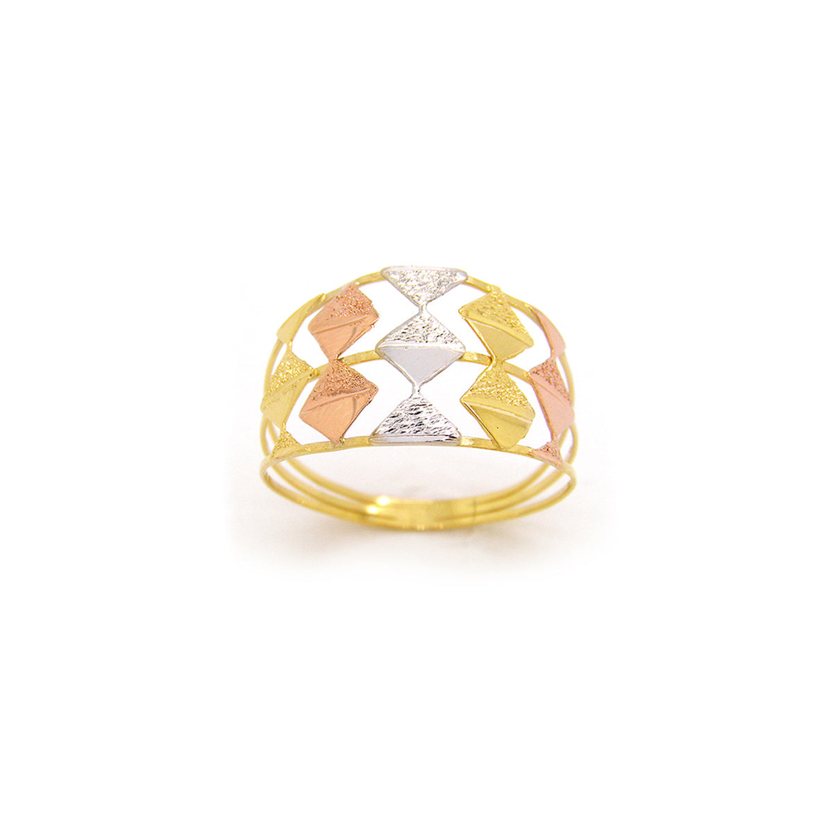Anel Aro Triplo Losangos Trabalhados Feminino em Ouro 18K