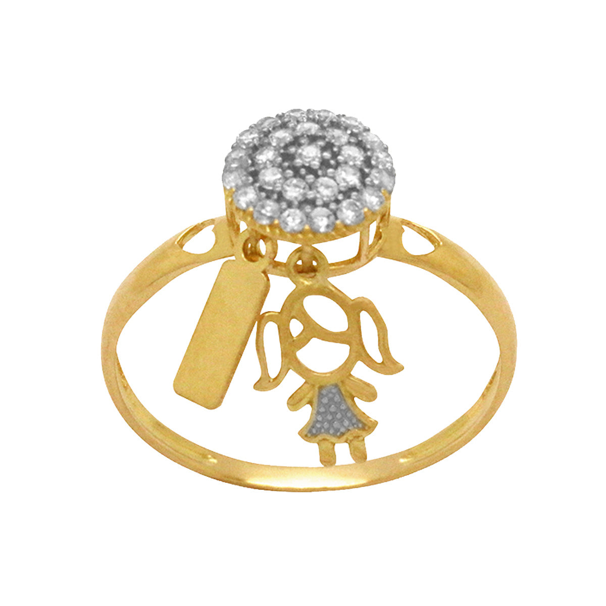 Anel Chuveiro Redondo Cravejado Zircônias Pingente Menina e Placa Lisa em Ouro 18K