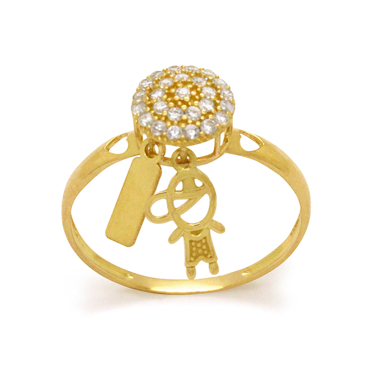 Anel Chuveiro Redondo Cravejado Zircônias Pingente Menino Placa Lisa em Ouro 18K