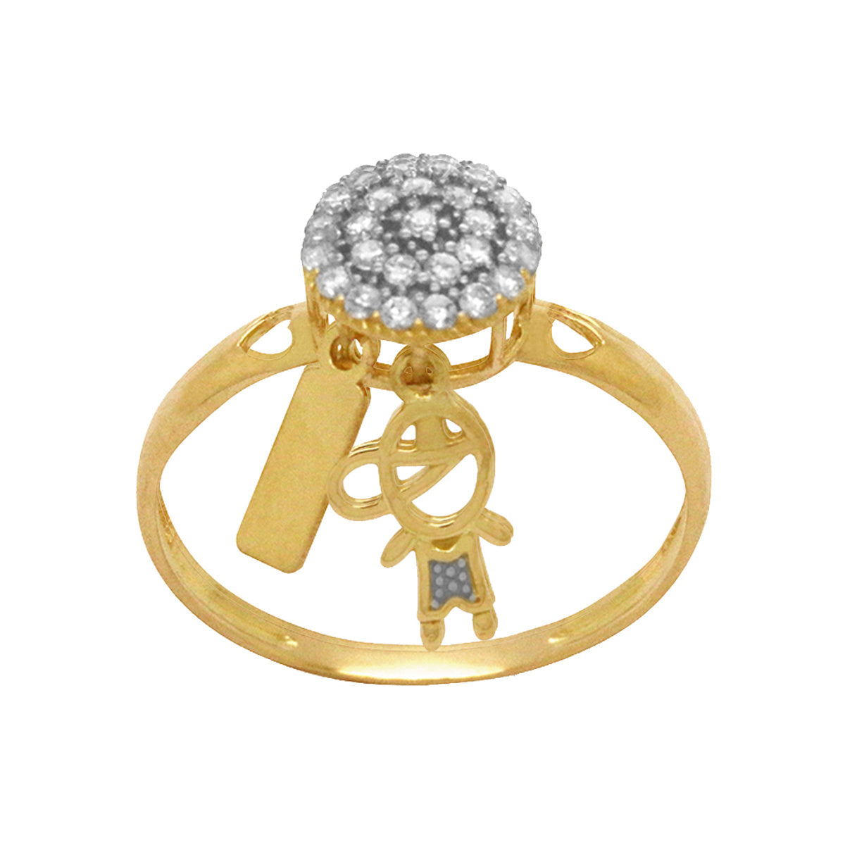 Anel Chuveiro Redondo Cravejado Zircônias Pingente Menino Placa Lisa em Ouro 18K