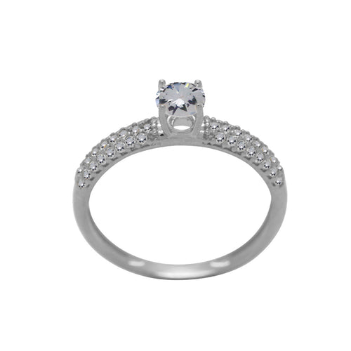Anel Aro Abaulado Solitário Zircônia Redonda 5 mm Laterais Cravejadas em Ouro Branco 18K