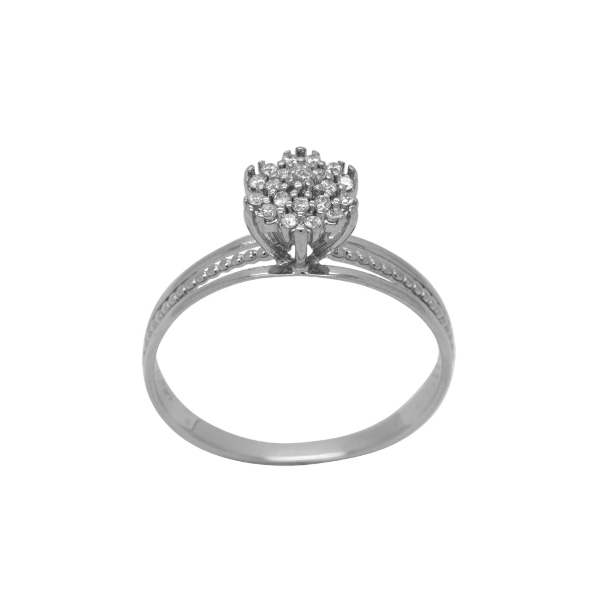 Anel Aro Duplo Trabalhado Pipoca Chuveiro Redondo Centro Elevado Cravejado Zircônias em Ouro Branco 18K