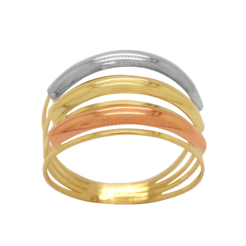 Anel 4 Aros 3 Travas Abauladas Lisas em Ouro 18K Tricolor