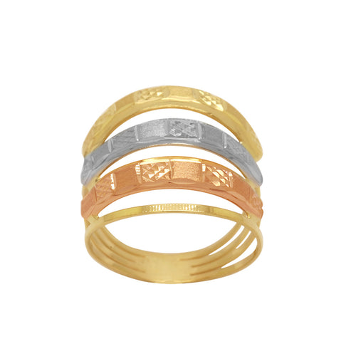 Anel Aro 4 Fios 3 Travas Acetinada Cortes Diamantados em Ouro 18K Tricolor