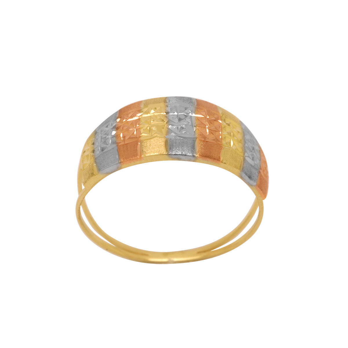 Anel Aro Duplo Chapa Abaulada Cortes Diamantados Laterais Quadrados Acetinados em Ouro 18K Tricolor