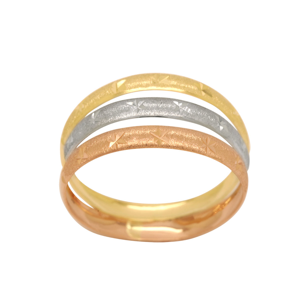 Anel Aro Duplo Fios Abaulados Acetinados Asteríscos em Ouro 18K Tricolor