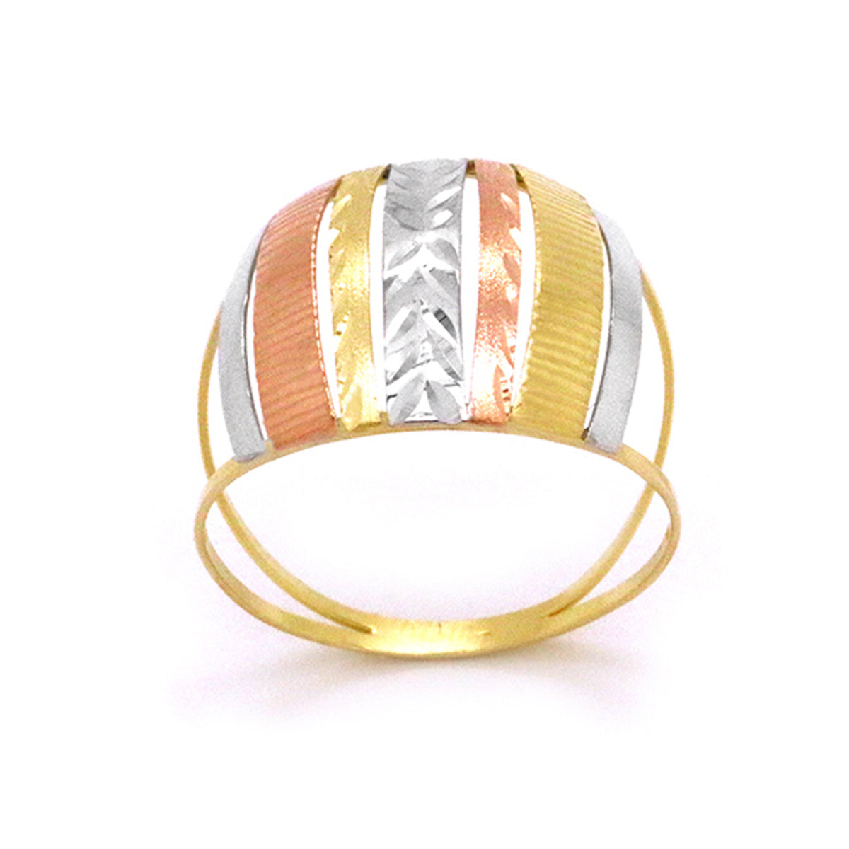 Anel Aro Duplo Travas Espaçadas Trabalhadas com Cortes Feminino em Ouro 18K Tricolor
