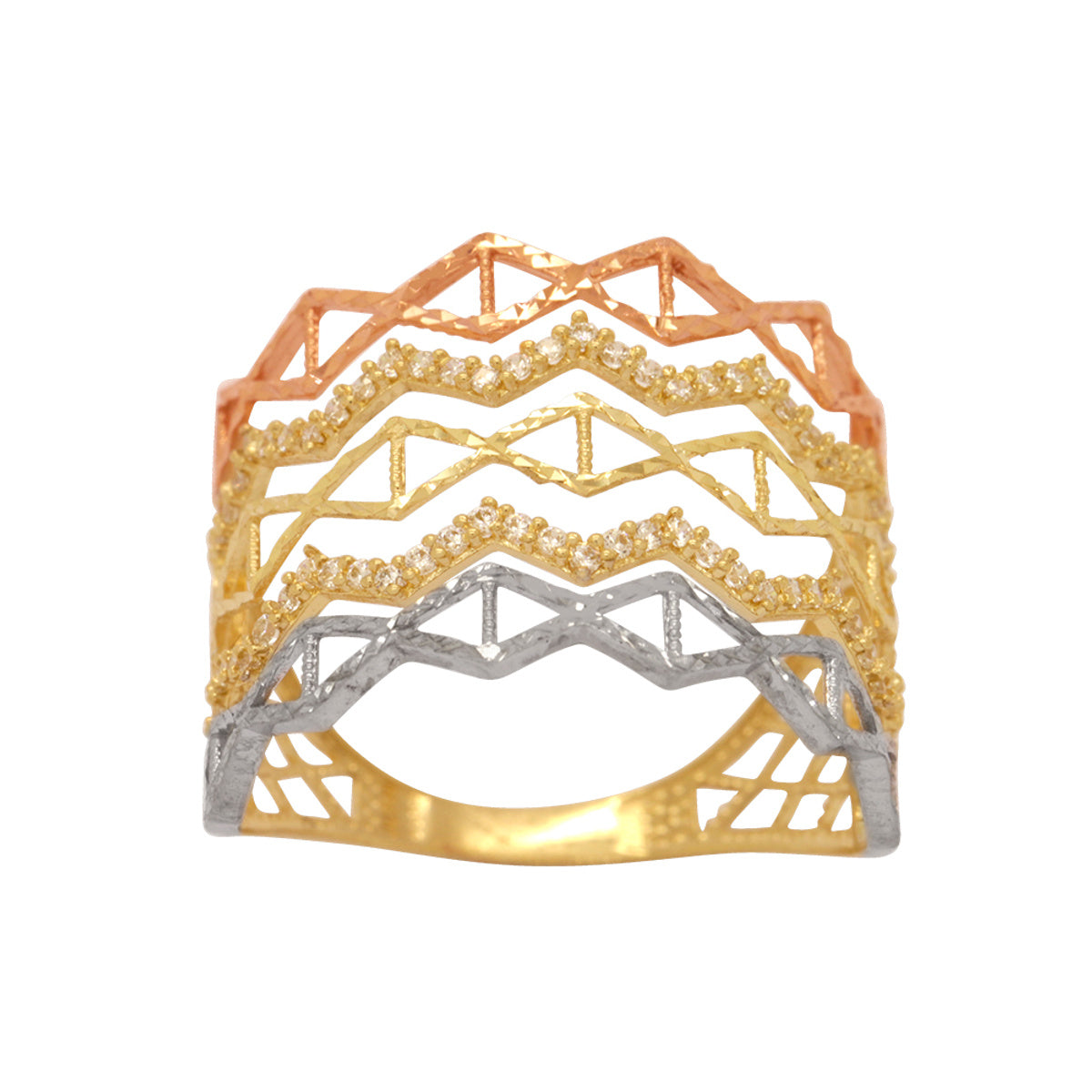 Anel Aro Largo Losangos Cortes Diamantados Fio Zig-Zag Cravejado Zircônias em Ouro 18K Tricolor