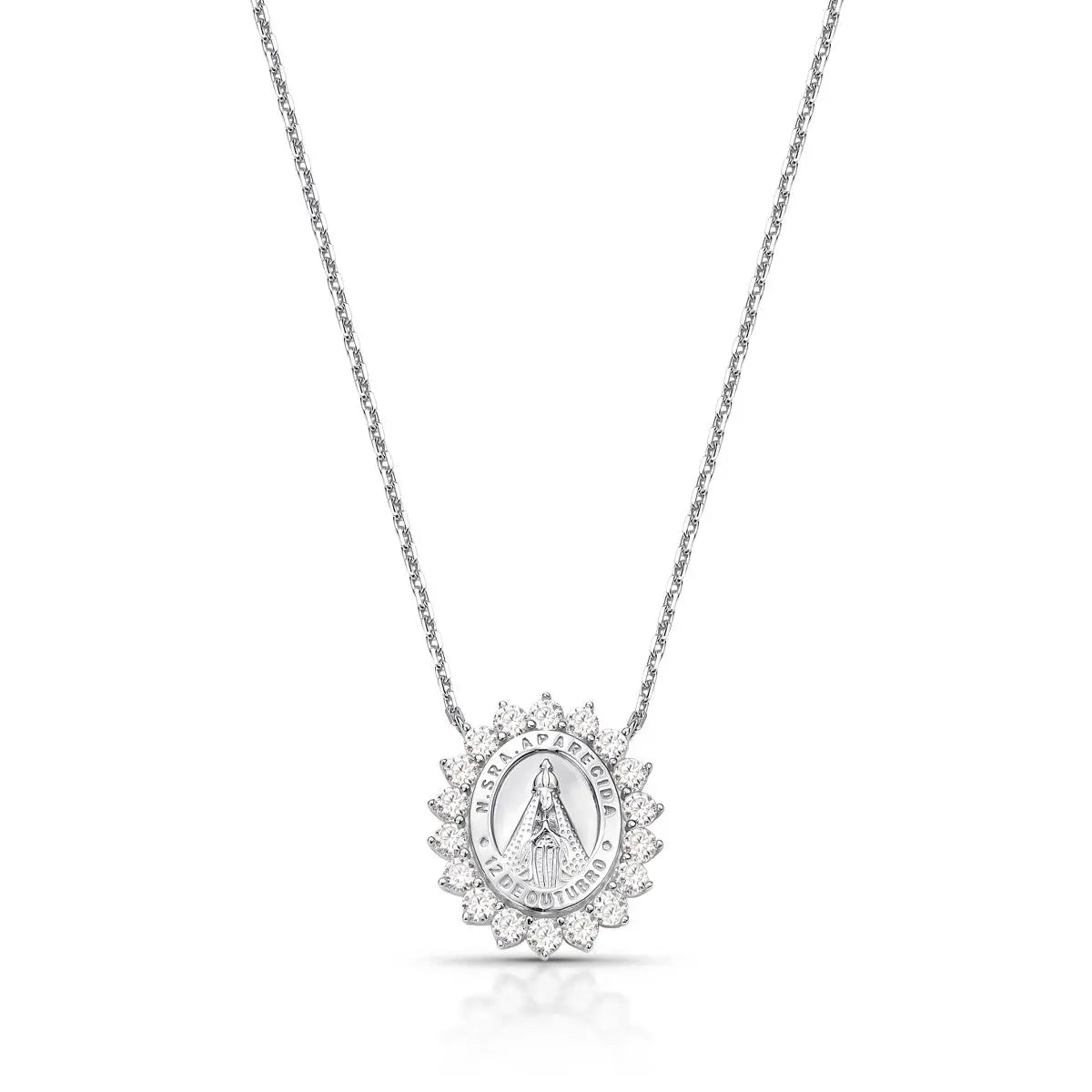 Colar de Prata 925 de N. Sra Aparecida em Pedras Moissanites