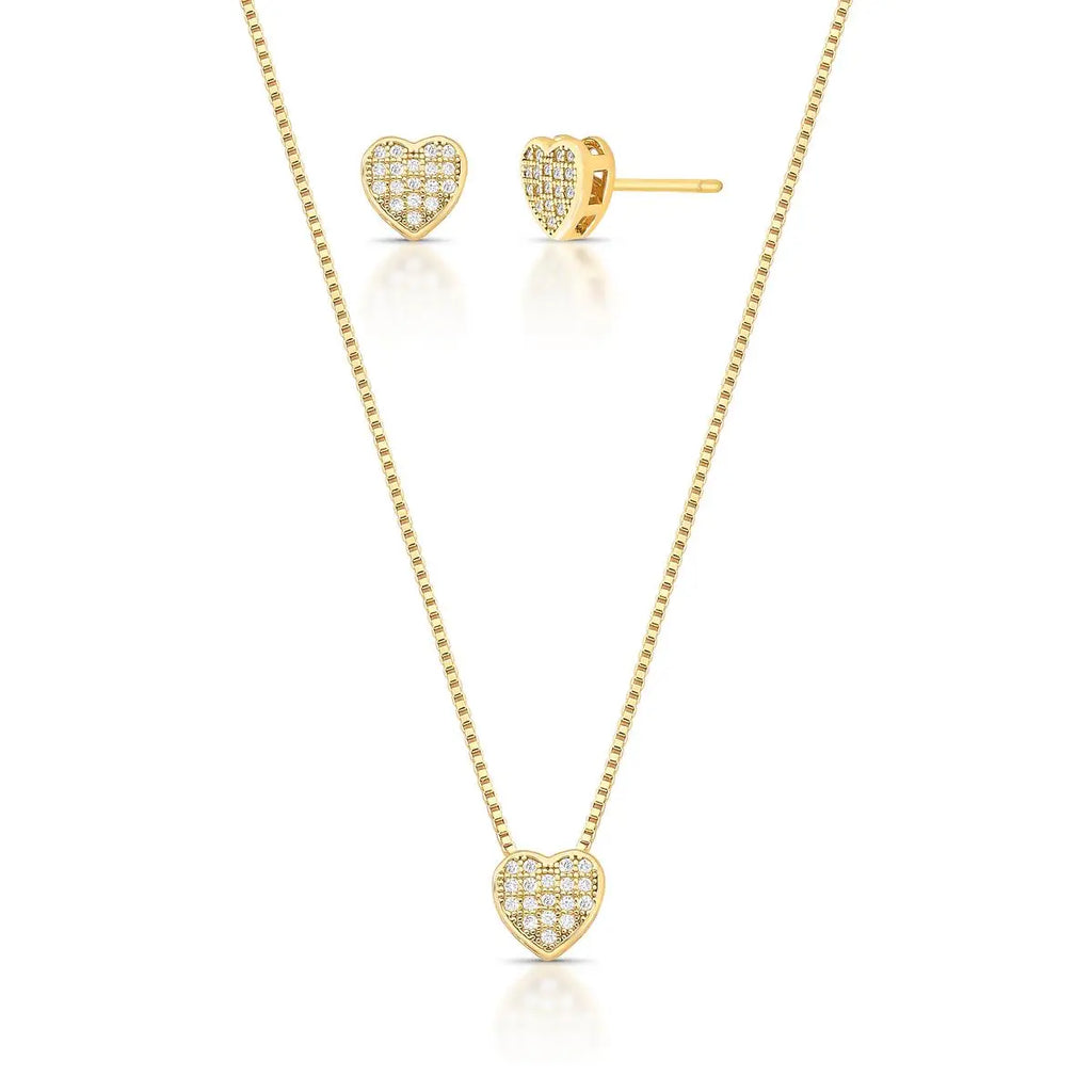 Conjunto de Brinco Folheado a Ouro e Colar com Pingente de Coração em Zircônias