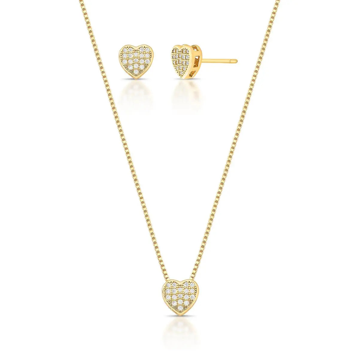 Conjunto de Brinco Folheado a Ouro e Colar com Pingente de Coração em Zircônias
