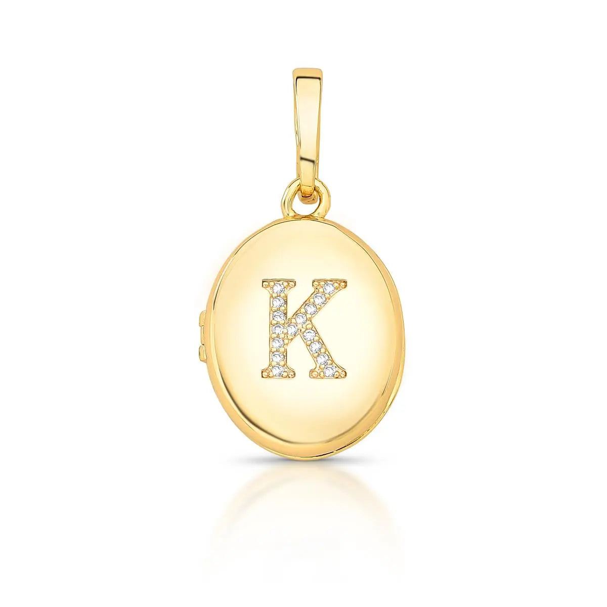 Pingente Folheado a Ouro Oval Relicário Letra "K" com Zircônias e Fecho
