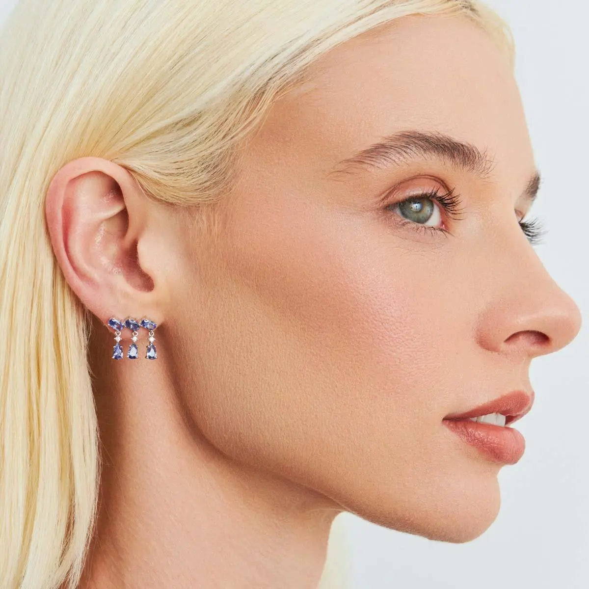 Brinco Ear de Prata 925 Cuff com Cristais de Gota em Pêndulo