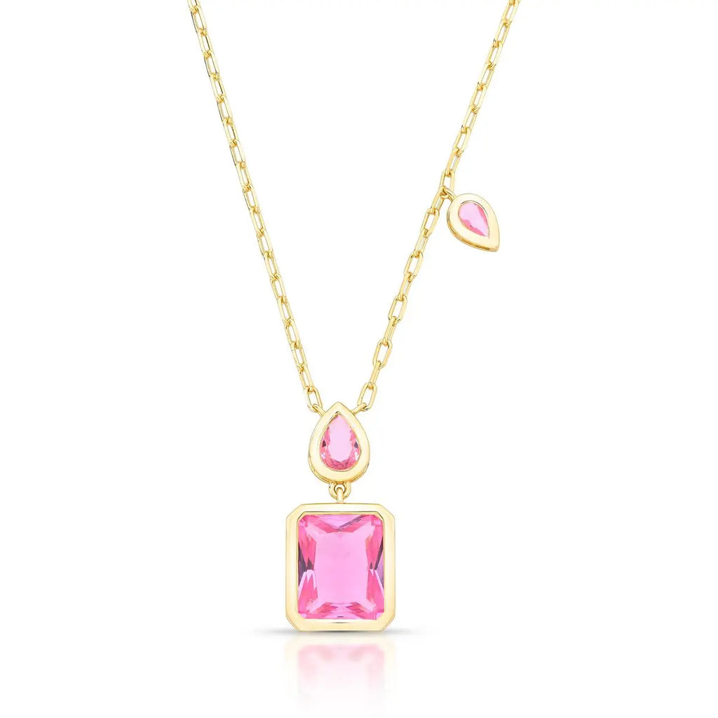 Colar Folheado a Ouro com Pingente Retangular e de Gota em Cristal