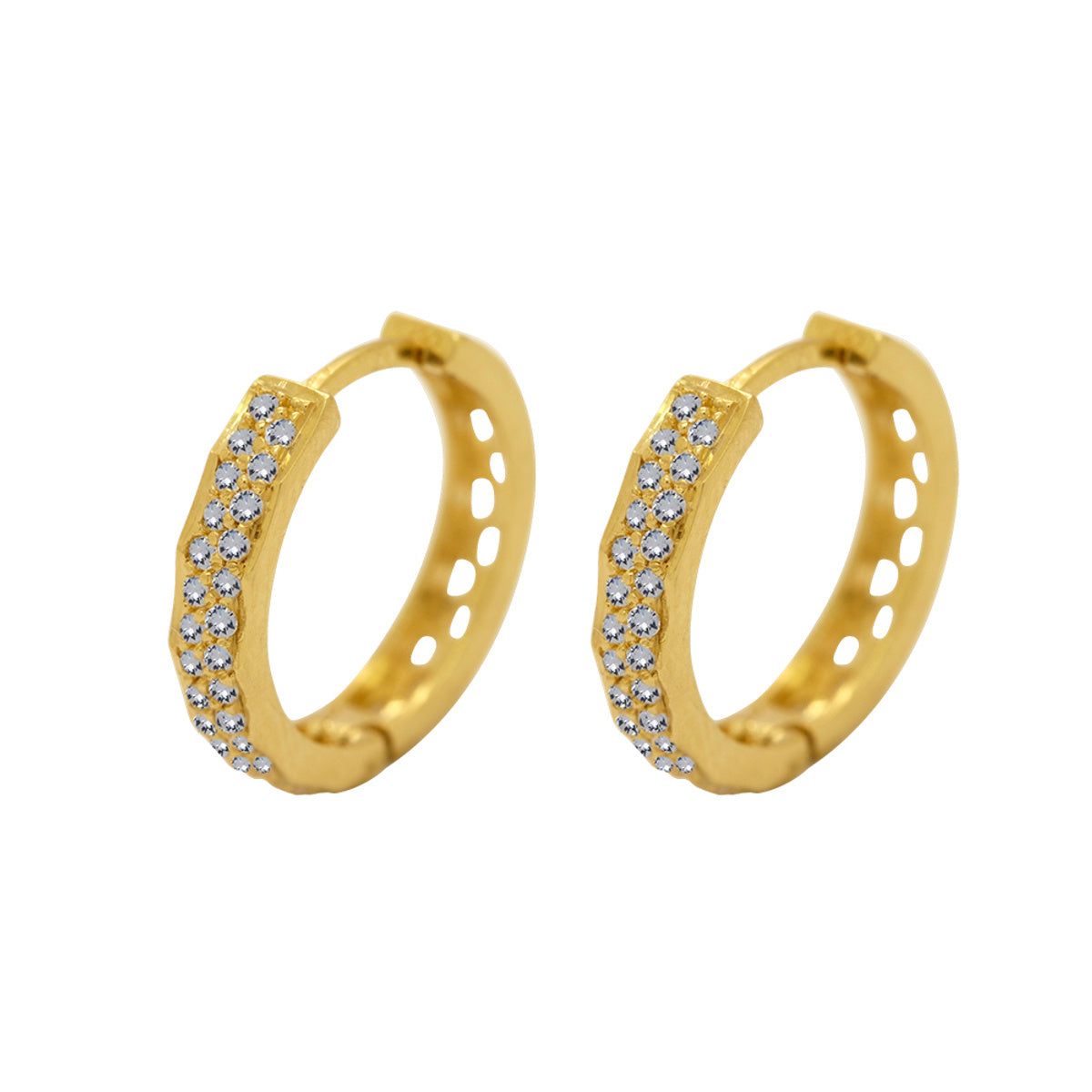 Brinco Argola 2 Carreiros Cravejados Zircônias Bordas Diamantadas Diâmetro 1,40 cm em Ouro 18K