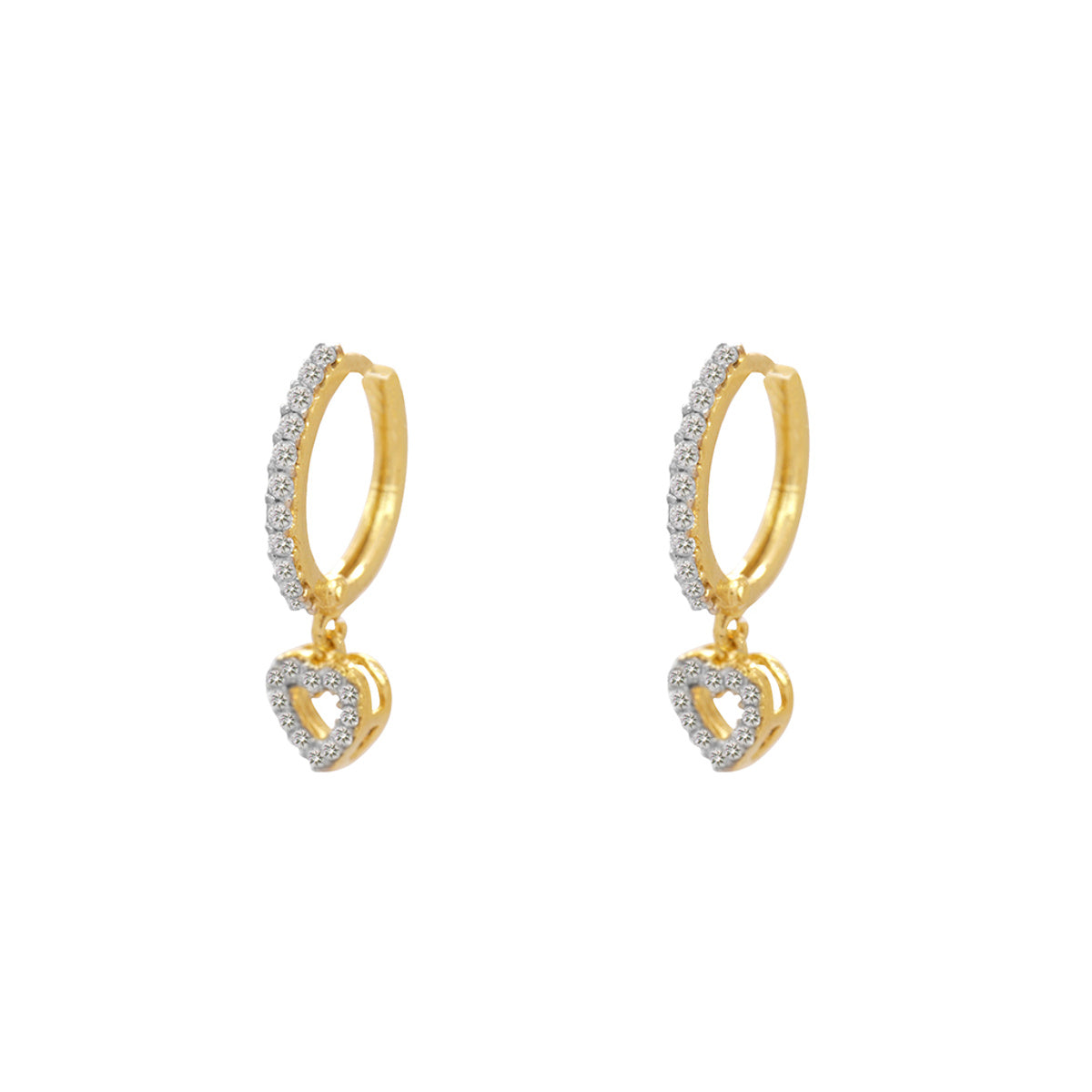 Brinco Argola Fina com Pingente Coração Vazado e Cravejado Zircônia em Ouro 18K