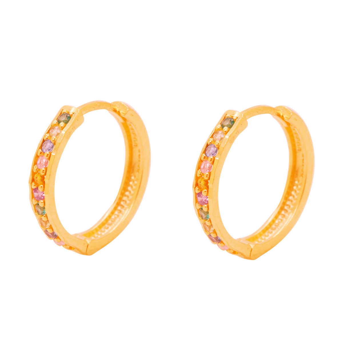 Brinco Argola Fio Abaulado Zircônias Coloridas Diâmetro 1,40 cm em Ouro 18K