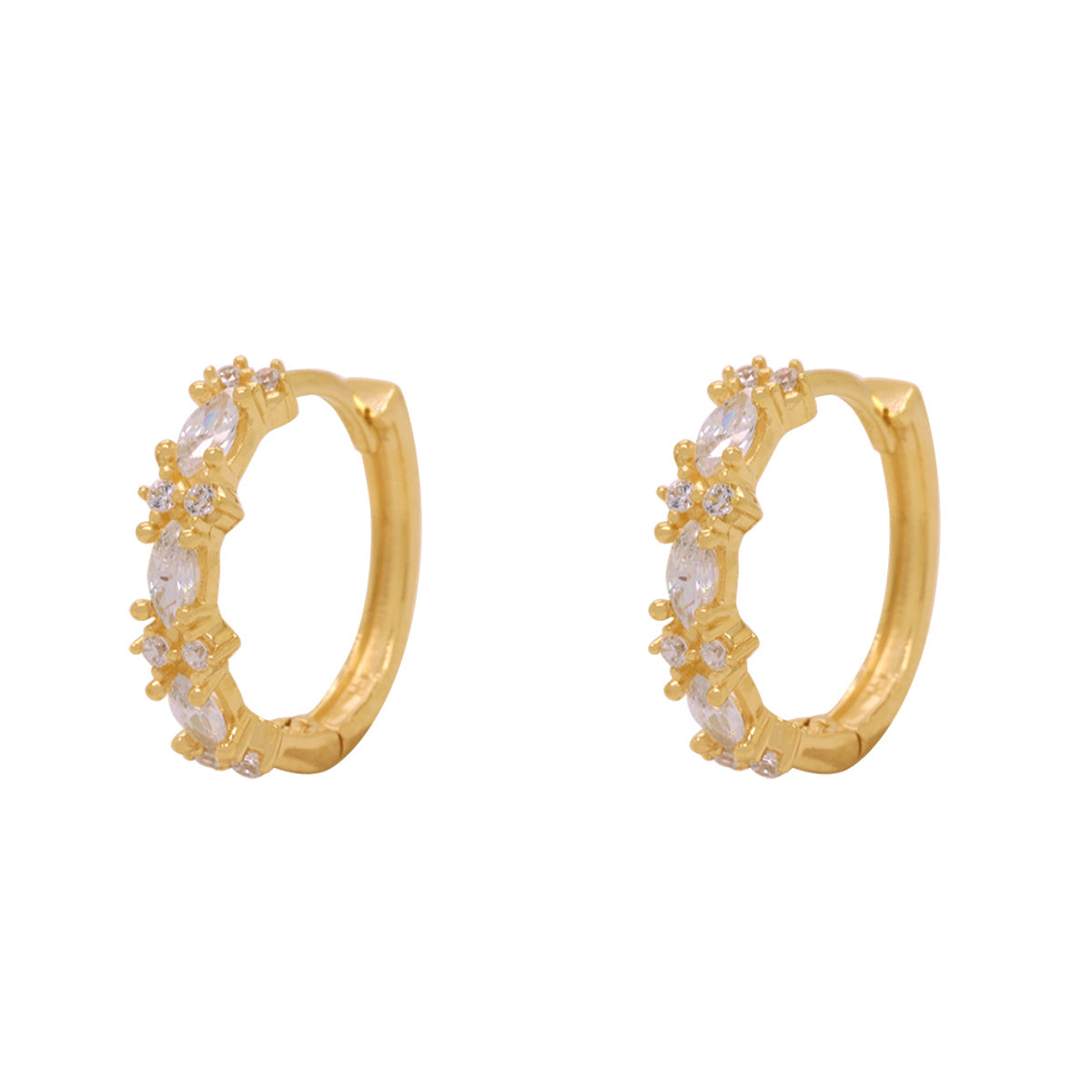 Brinco Argola Navetes Zircônias Brancas Diâmetro 1,50 cm em Ouro 18K