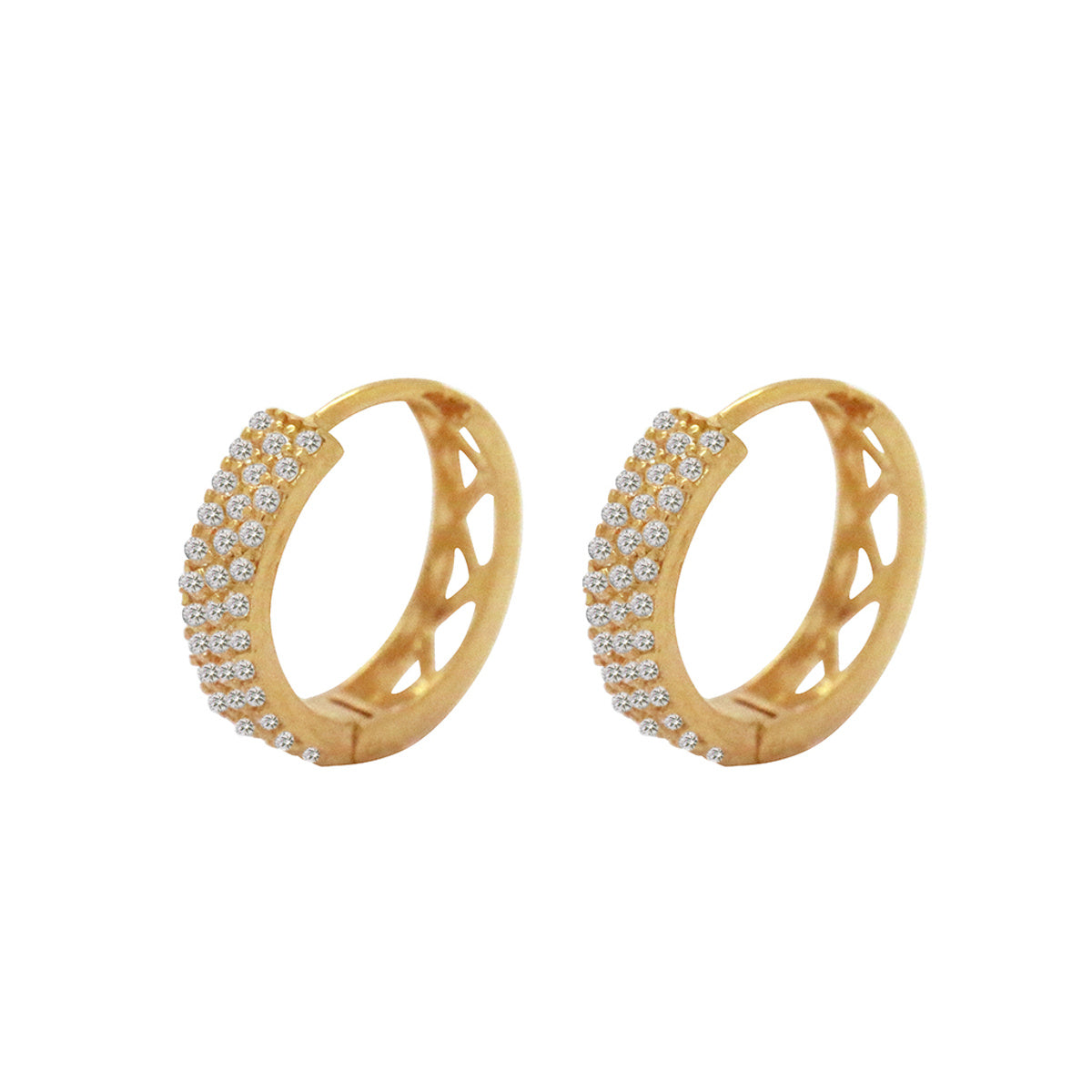 Brinco Argola Pavê 3 Carreiros Quadrado Fio Redondo Bitola 1,00 mm Cravejado Zircônias Diâmetro 1,30 cm em Ouro 18K
