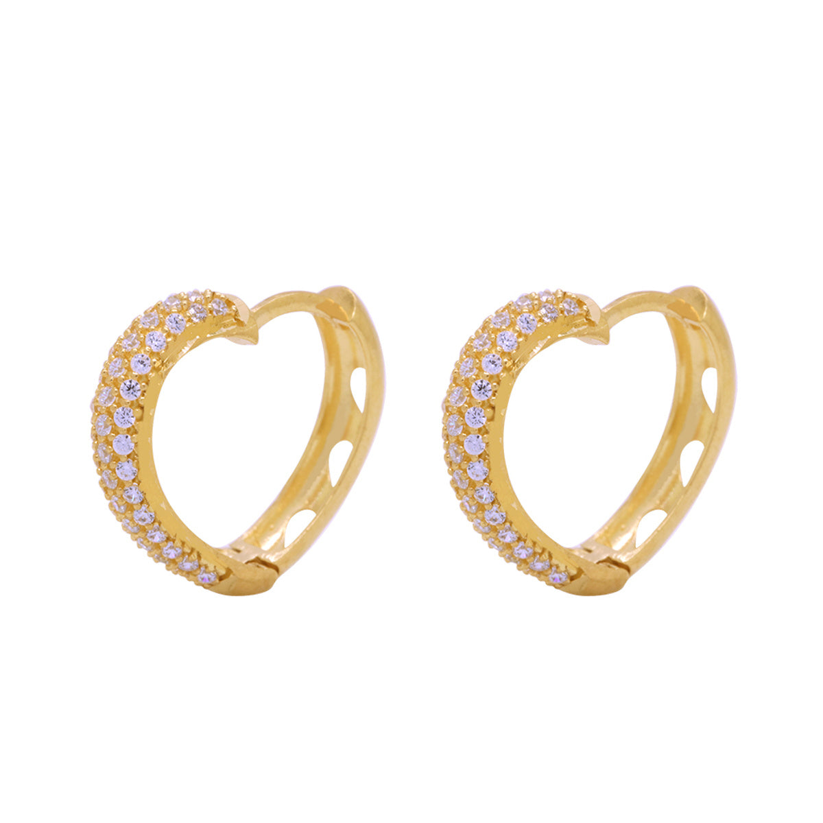 Brinco Argola Pavê Coração 3 Carreiros Cravejados Zircônias Diâmetro 1,60 cm em Ouro 18K