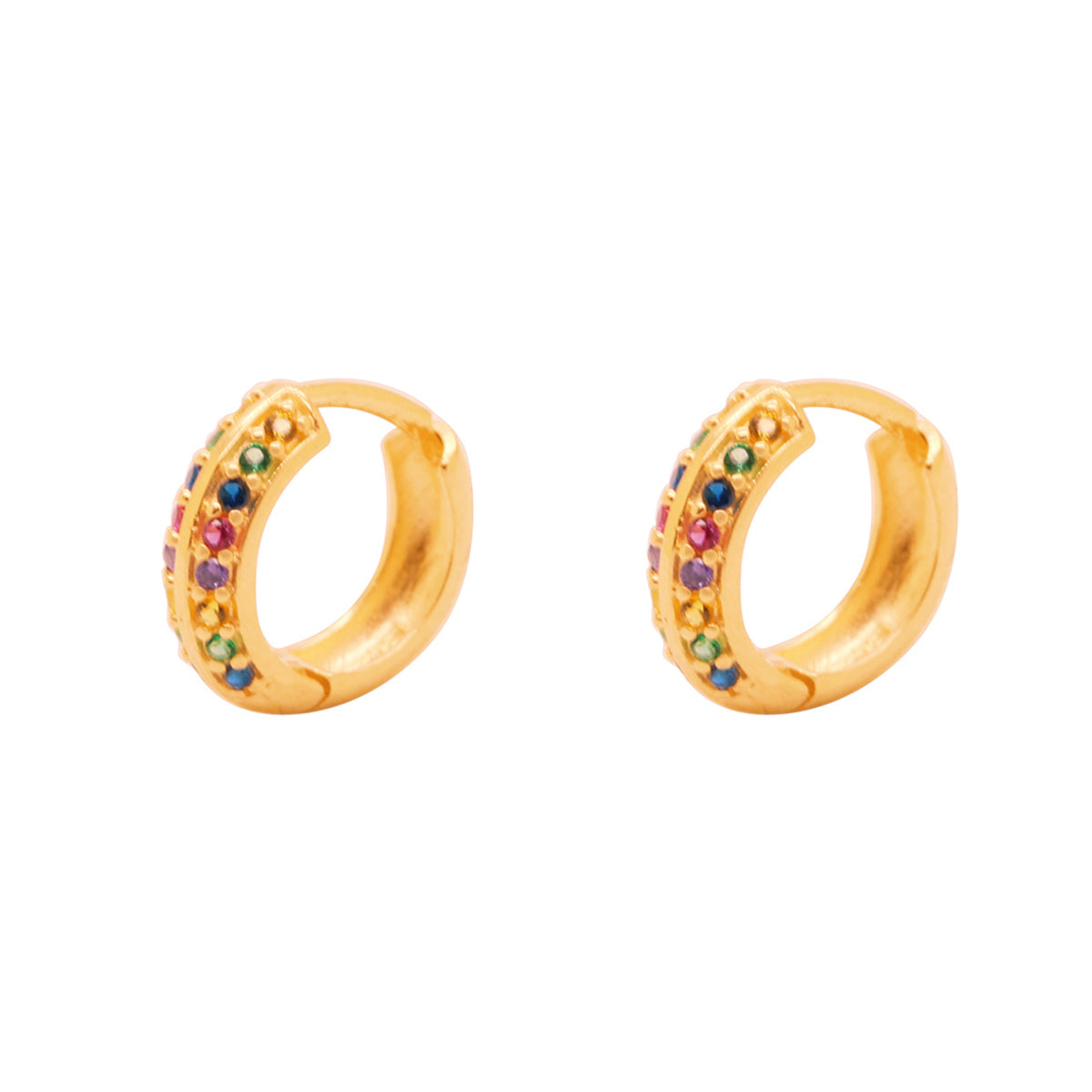 Brinco Argola Pavê Fio Abaulado Bitola 3,00 mm Zircônias Coloridas Diâmetro 1,10 cm em Ouro 18K