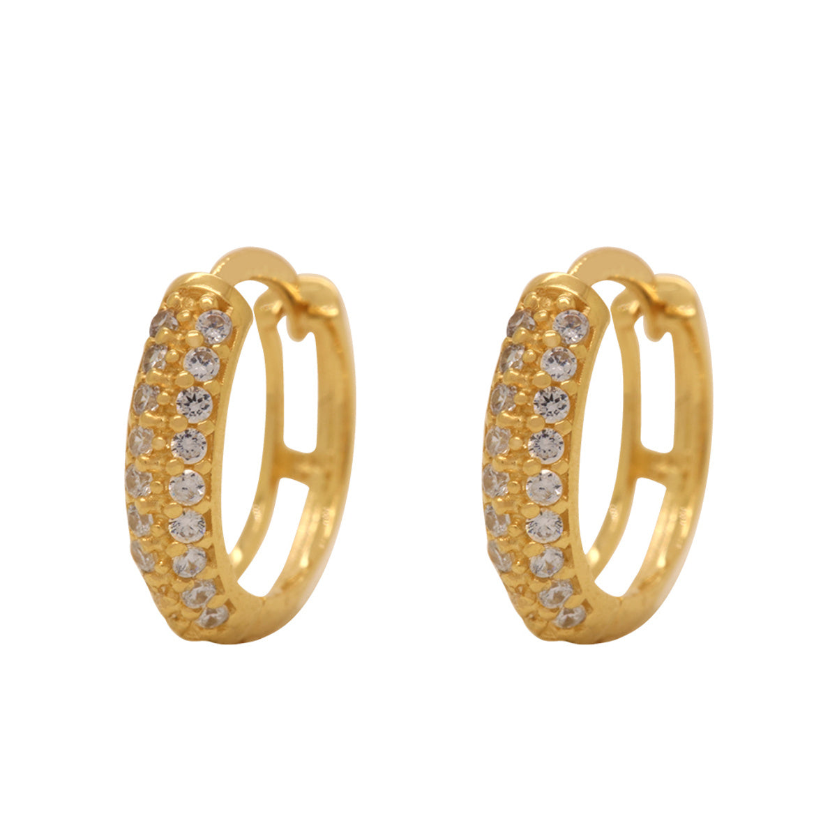 Brinco Argola Redonda 2 Carreiros Cravejados Zircônias Diâmetro 1,10 cm em Ouro 18K