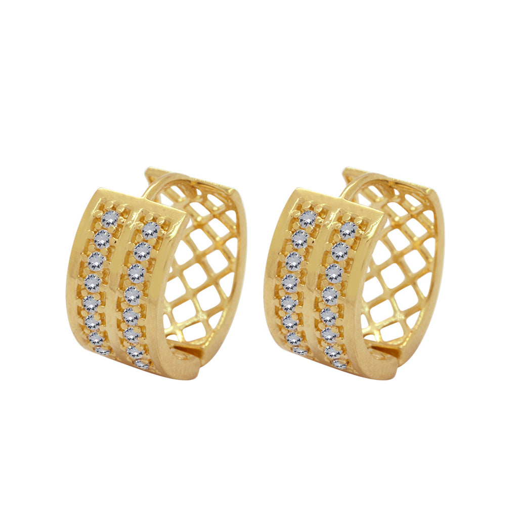 Brinco Argola Redonda 2 Carreiros Espaçados Cravejados Zircônias Diâmetro 1,20 cm em Ouro 18K