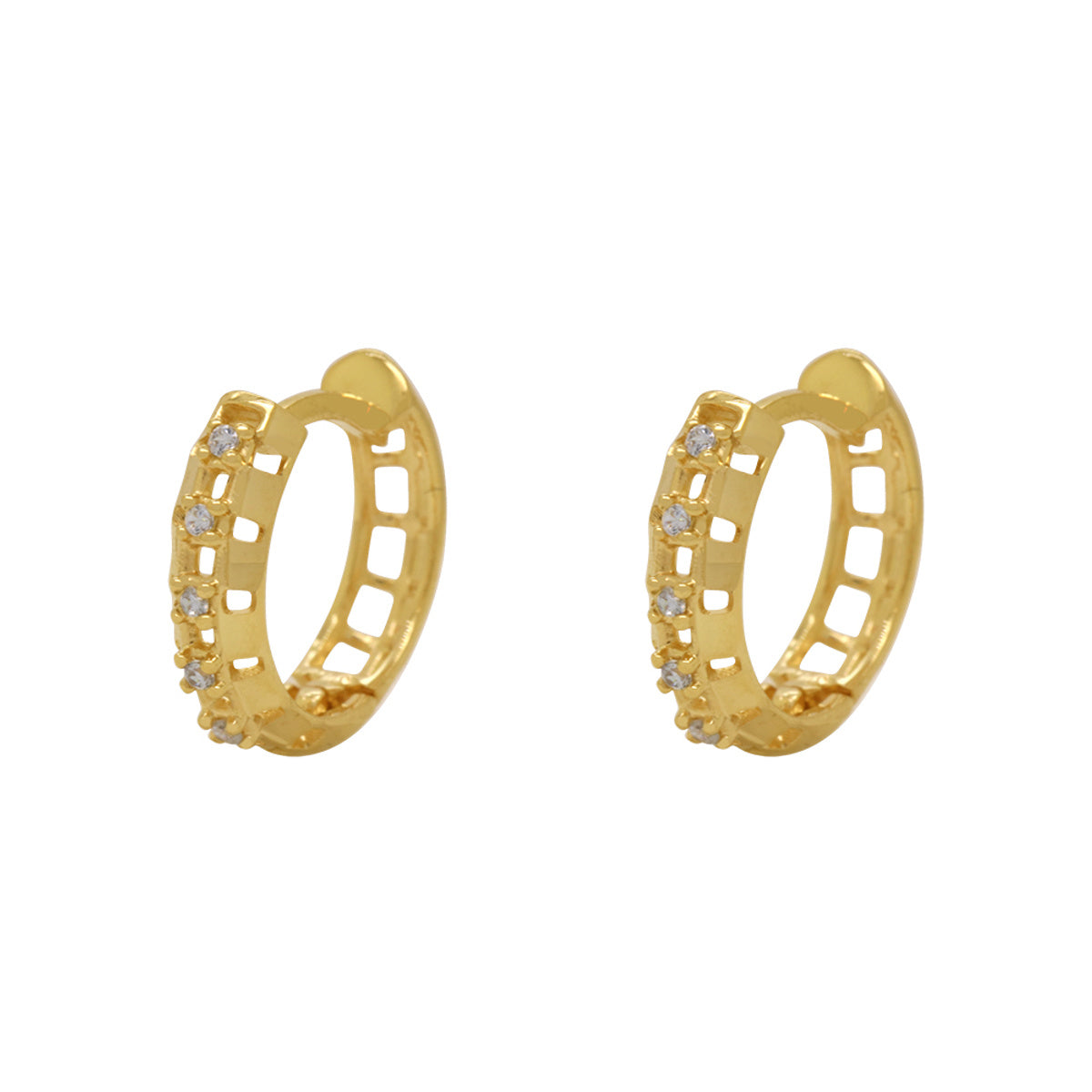 Brinco Argola Redonda Carreiro Cravejado Zircônias Laterais Cortes Diamantados em Ouro 18K