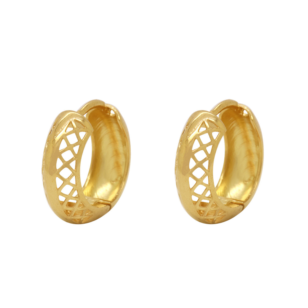 Brinco Argola Redonda Fio Abaulado Bitola 5,00 mm Losangos Vazados Centro Liso Diâmetro 1,45 cm em Ouro 18K