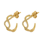 Brinco Meia Argola Fio Entrelaçado Cravejado Zircônias em Ouro 18K