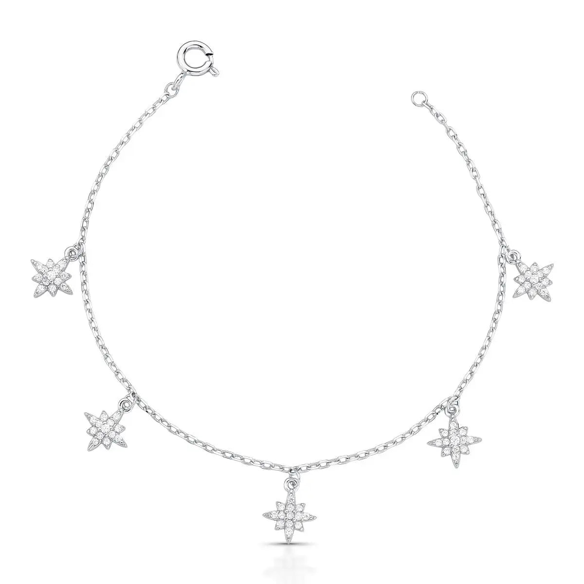Pulseira de Prata 925 com Pingentes de Estrelas em Zircônias