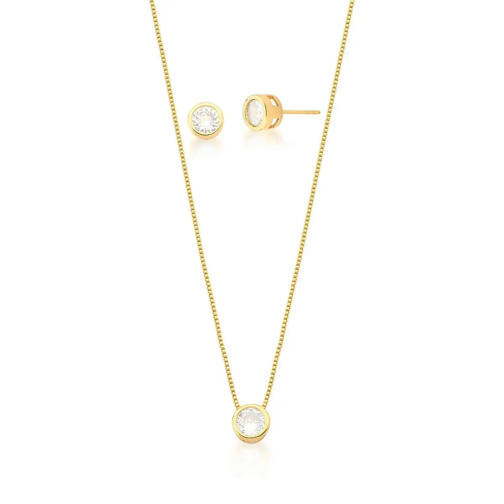 Conjunto Brinco e Corrente com Pingente Redondo Banhado a Ouro