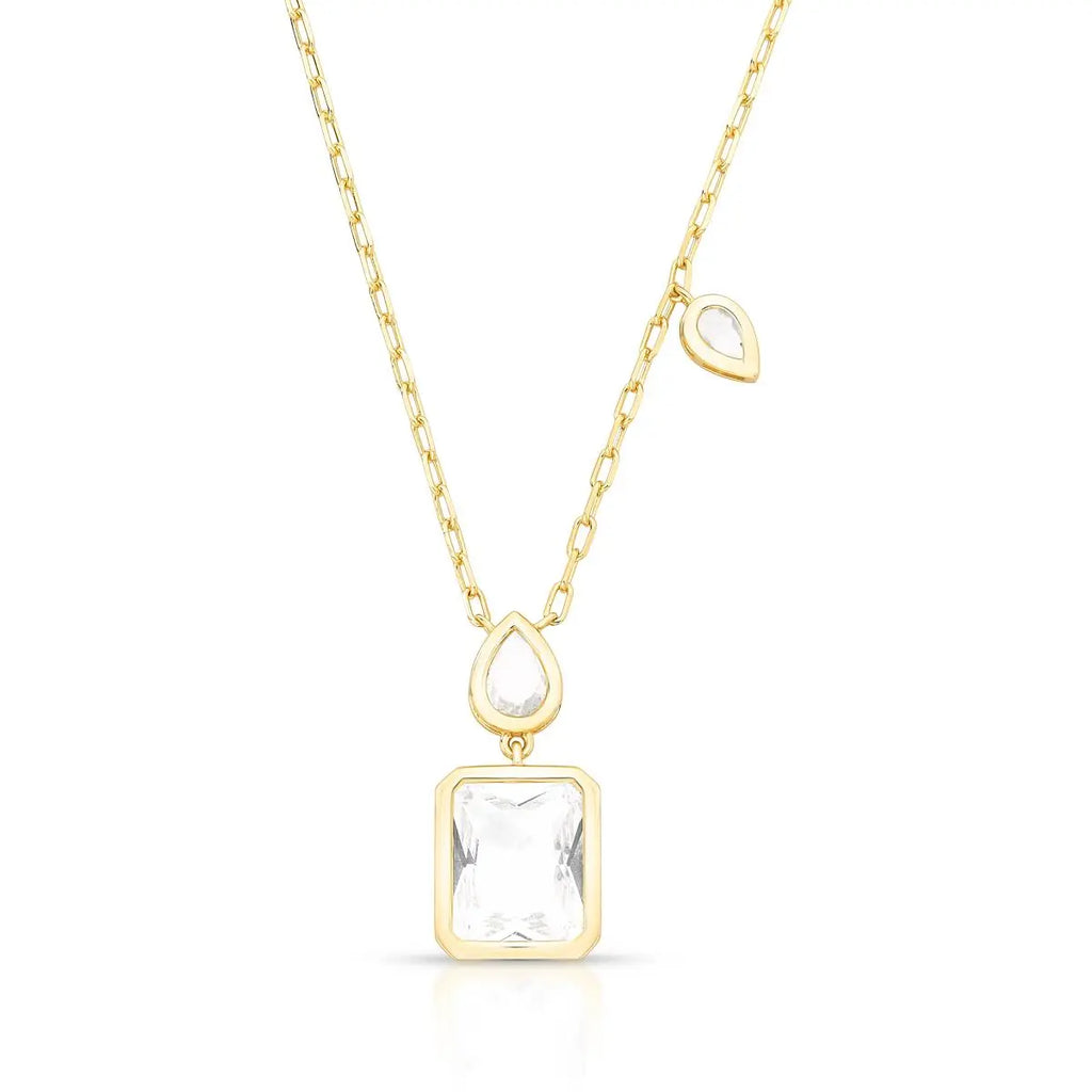 Colar Folheado a Ouro com Pingente Retangular e de Gota em Cristal