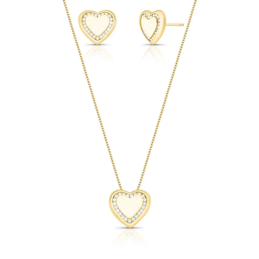 Conjunto Folheado a Ouro Brinco e Colar de Coração com Zircônias