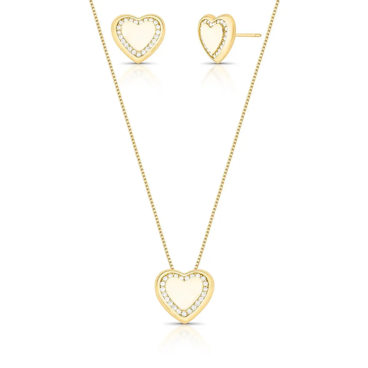 Conjunto Folheado a Ouro Brinco e Colar de Coração com Zircônias