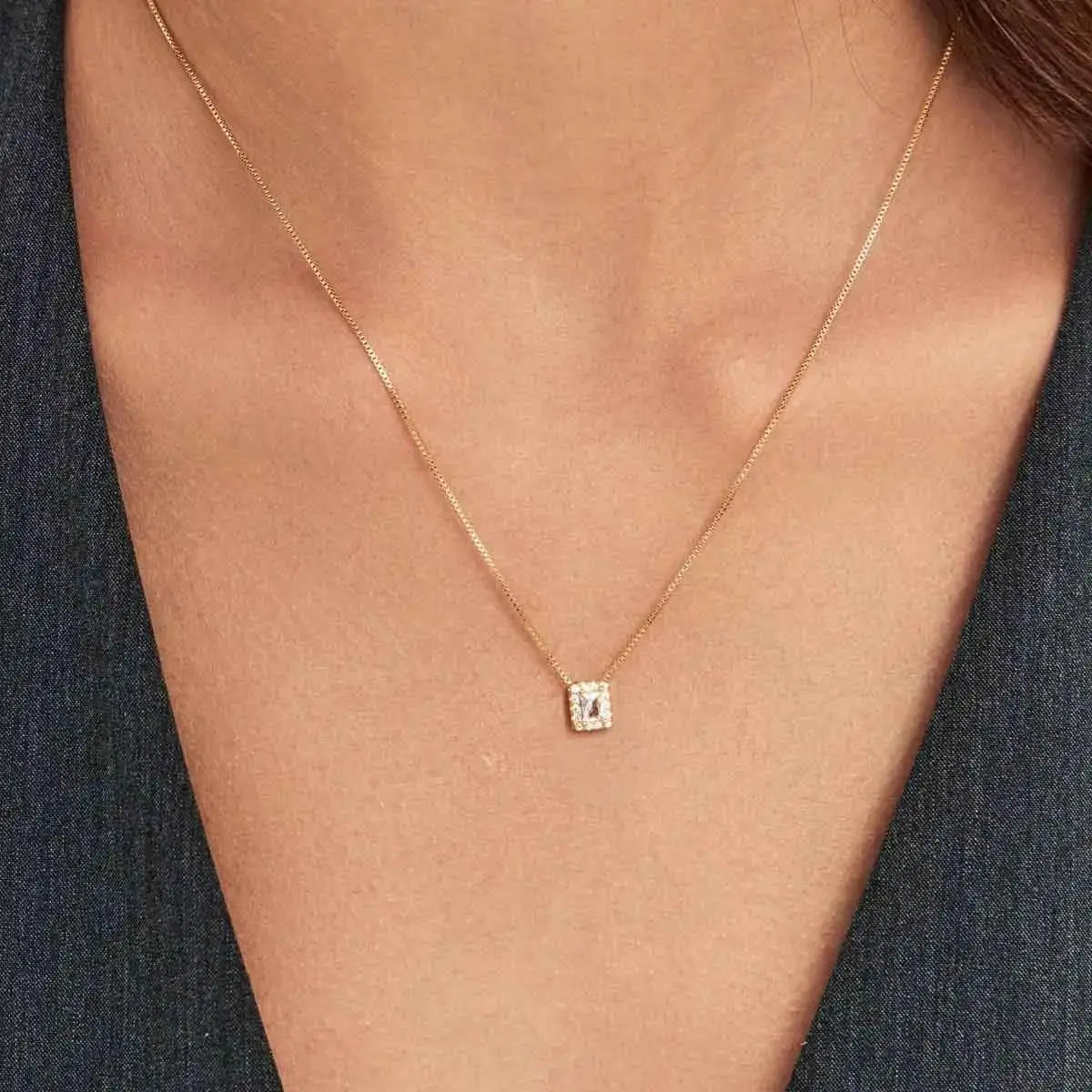 Conjunto Brinco e Colar Retangulares com Cristal e Zircônias