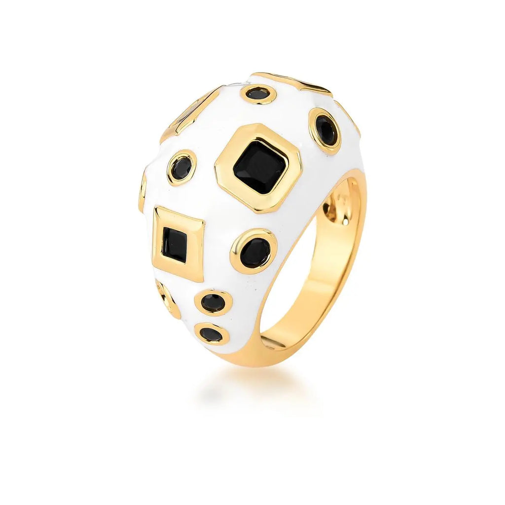 Anel Folheado a Ouro Abaulado Esmaltado com Cristais Geométricos