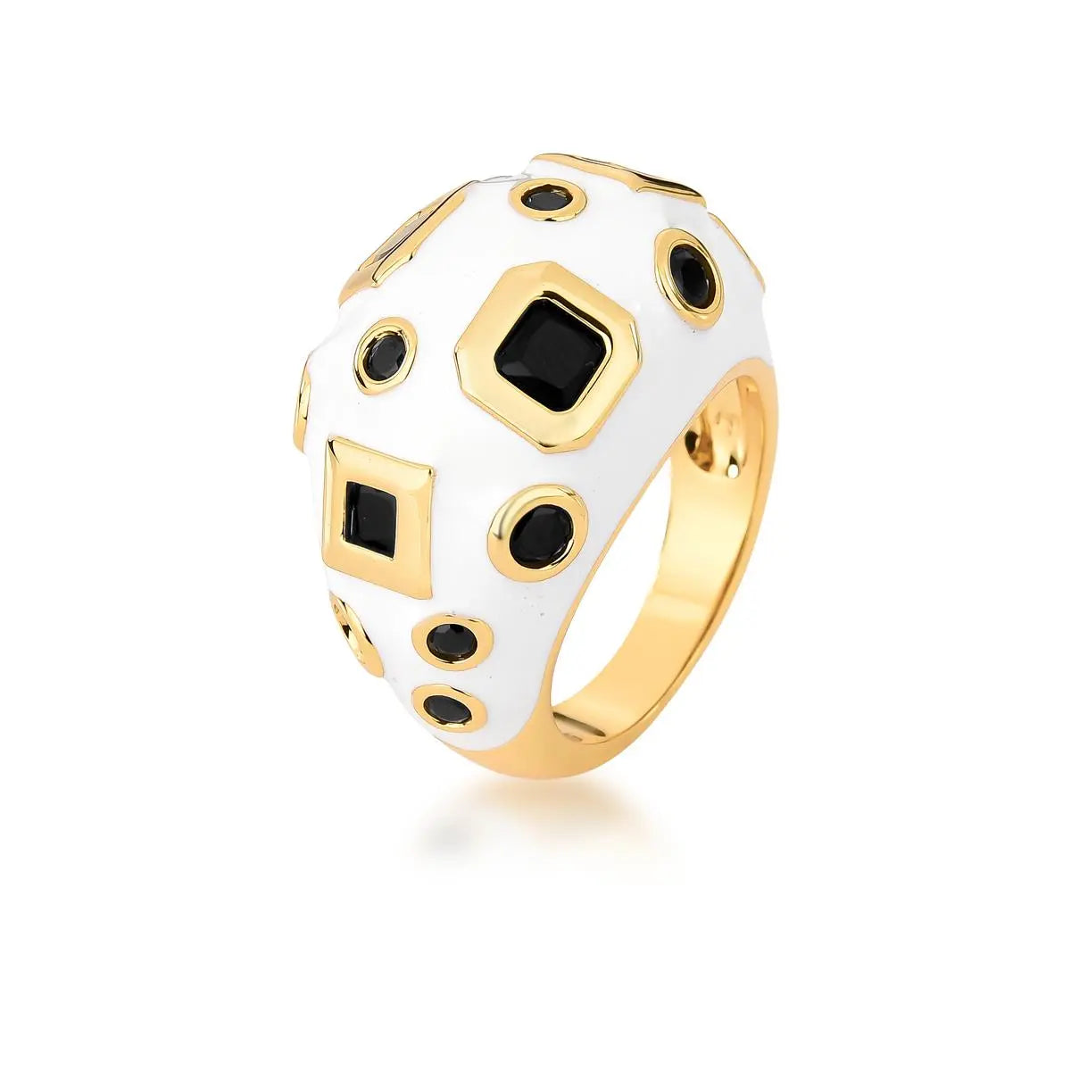 Anel Folheado a Ouro Abaulado Esmaltado com Cristais Geométricos