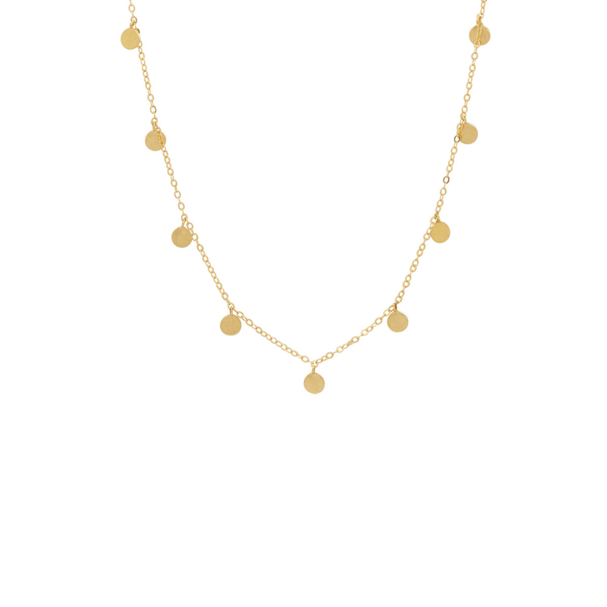 Colar de Elos da Rainha Desquinada Chapas Redondas Lisas Penduradas em Ouro 18K