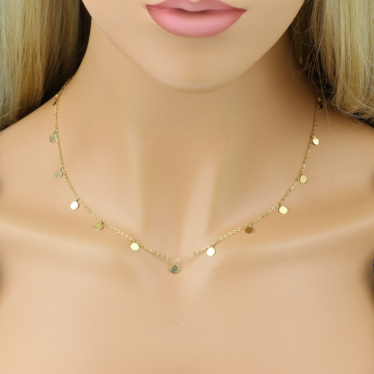 Colar de Elos da Rainha Desquinada Chapas Redondas Lisas Penduradas em Ouro 18K
