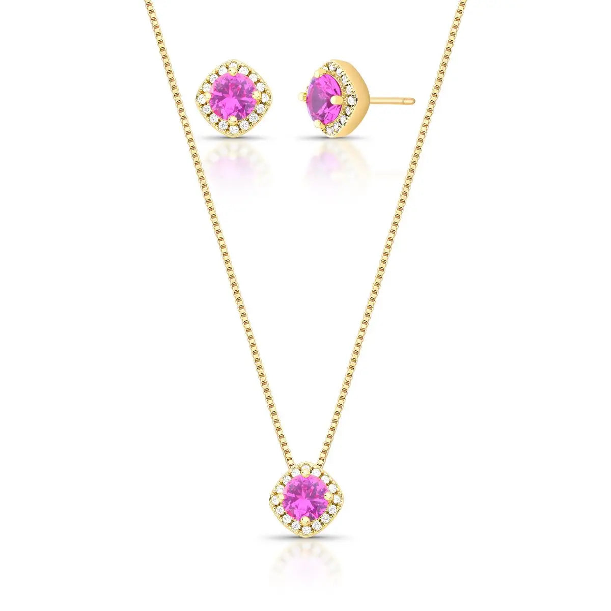 Conjunto Folheado a Ouro Brinco e Colar Pingente Quadrado em Cristal e Zircônias