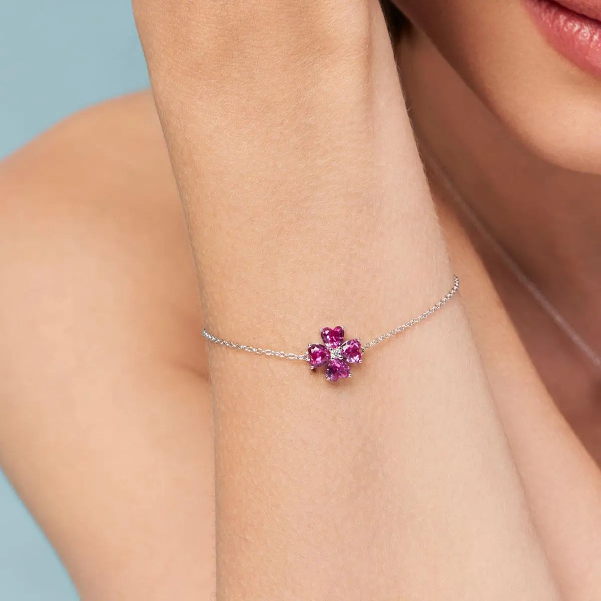 Pulseira de Prata 925 com Pingente de Flor em Cristal