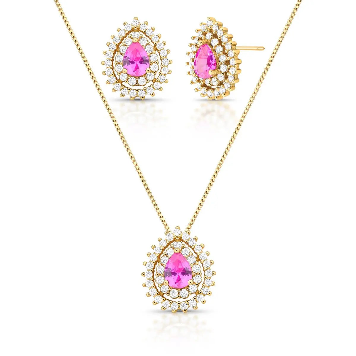 Conjunto de Brinco e Colar de Gota com Cristal e Zircônias