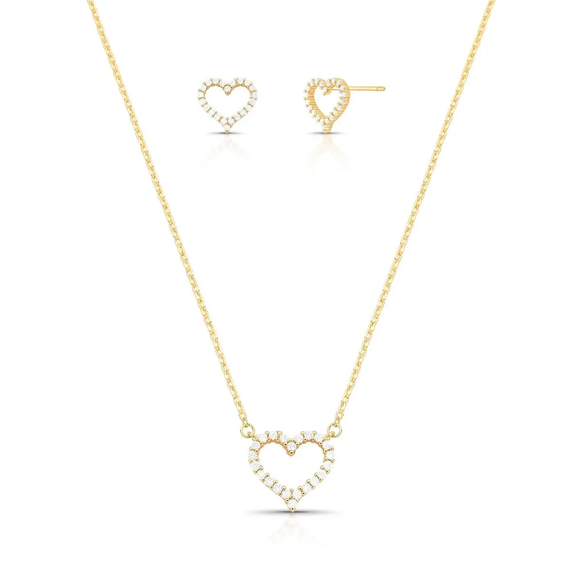 Conjunto Folheado a Ouro Brinco e Colar de Coração Vazado em Zircônias