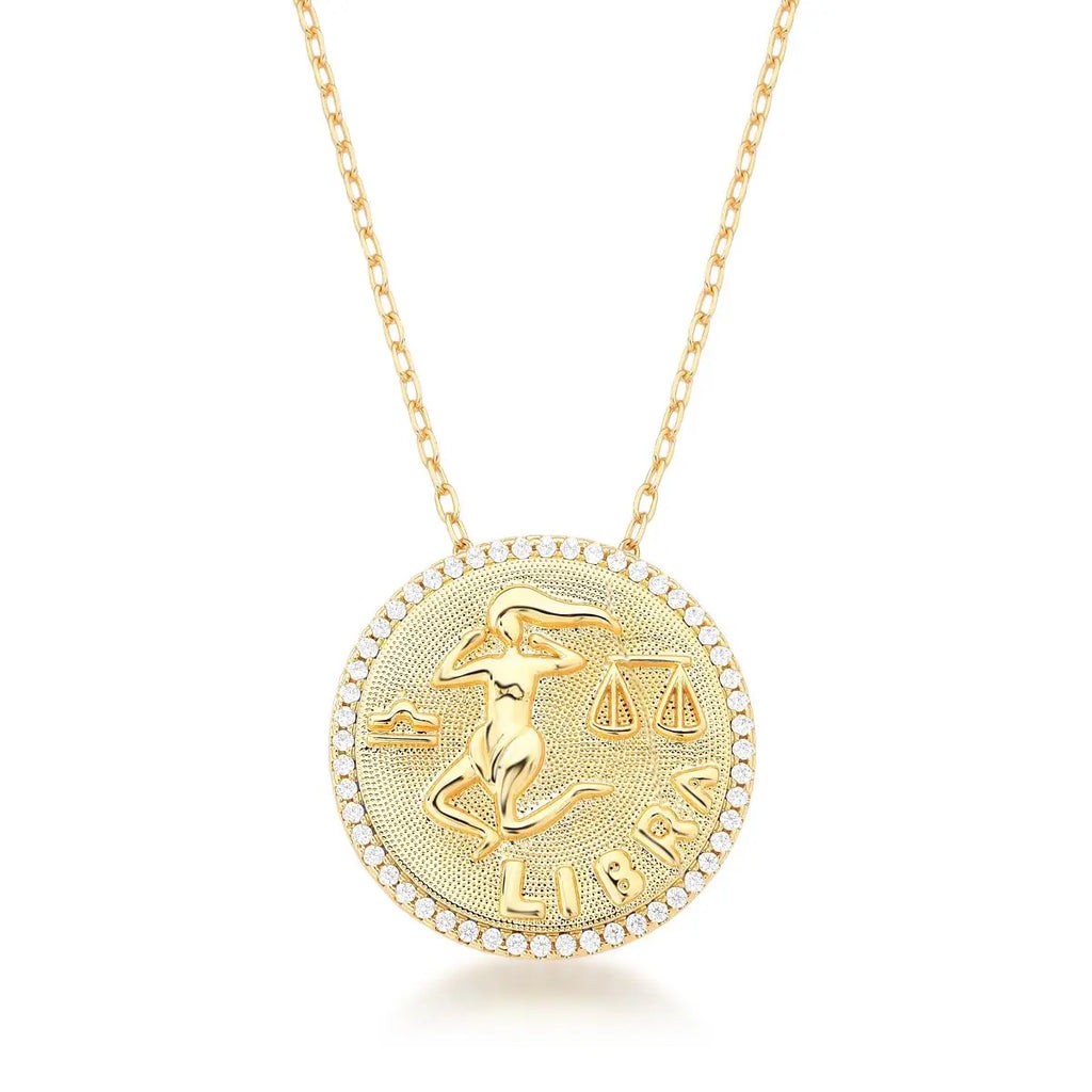 Colar Folheado a Ouro com Pingente Redondo Signo Libra e Cravejado